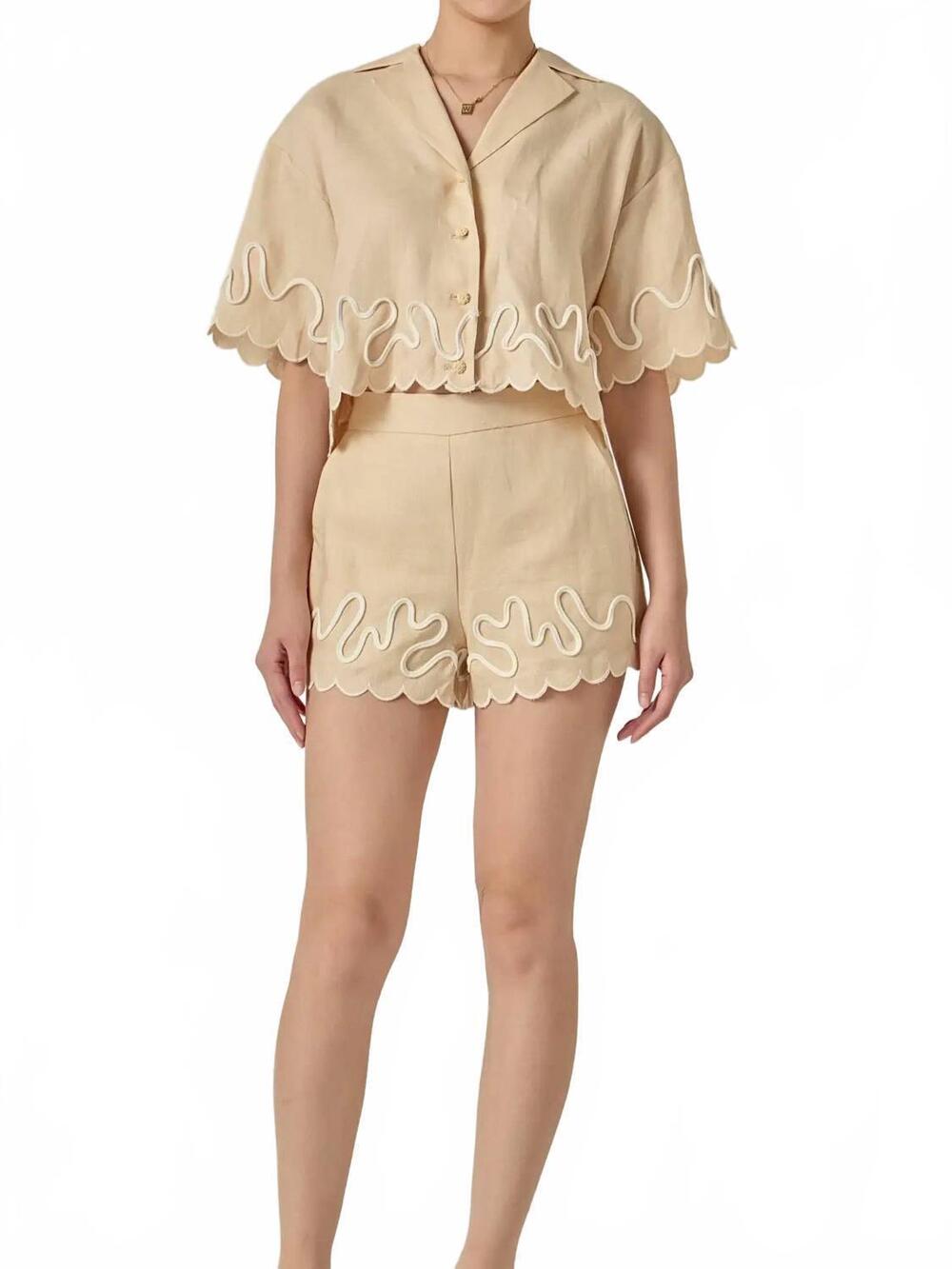 NEW ENGLISH FACTORY wavy embroidered crop shirt in beige